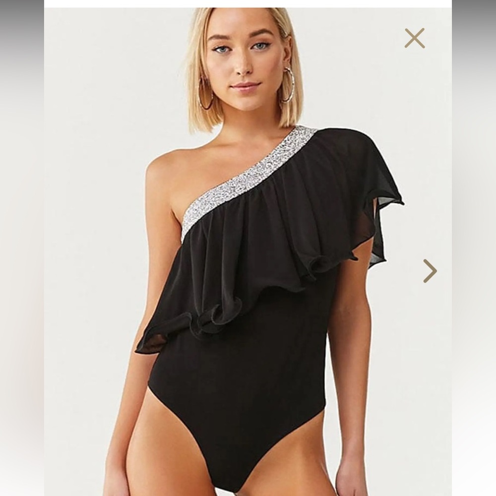 Forever 21 bodysuit top rhinestones one shoulder size S stretchy black sparkly
